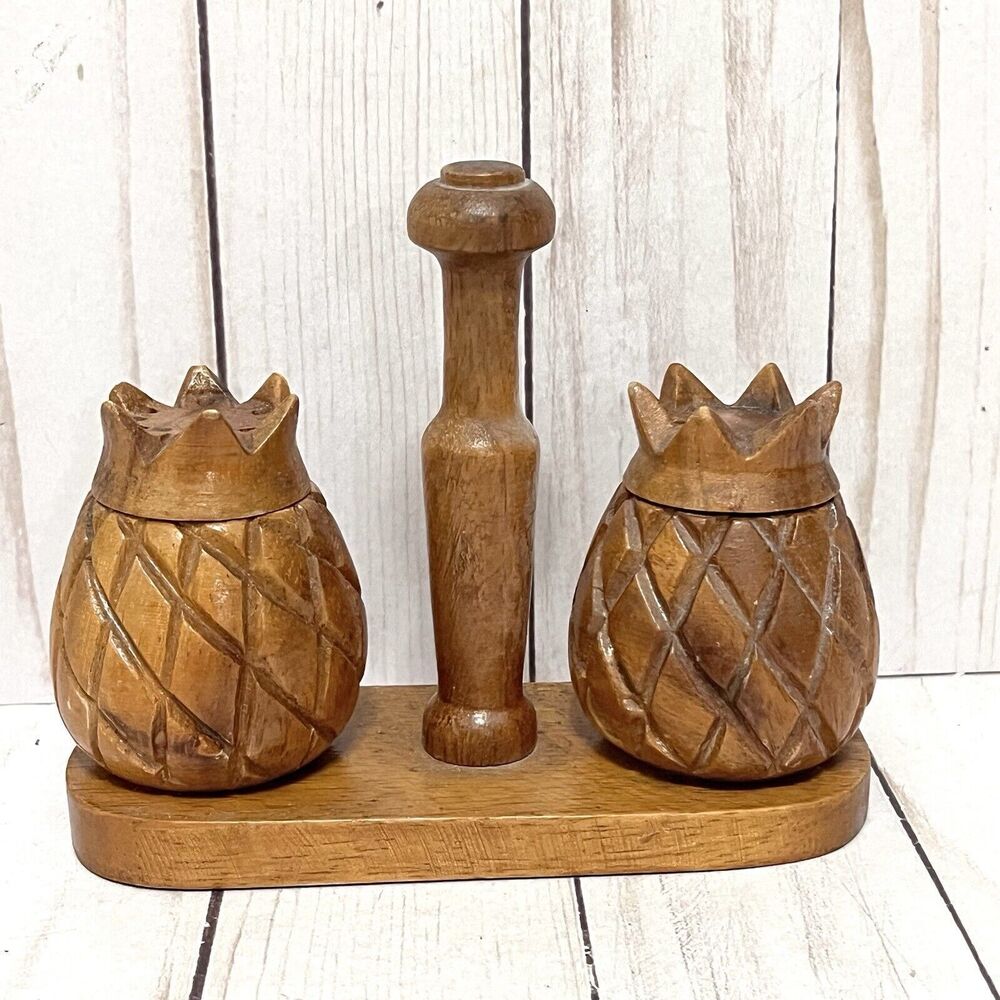 Monkey Pod Wood Pineapple Salt & Pepper Shakers Vintage Waikiki Woods Hawaii